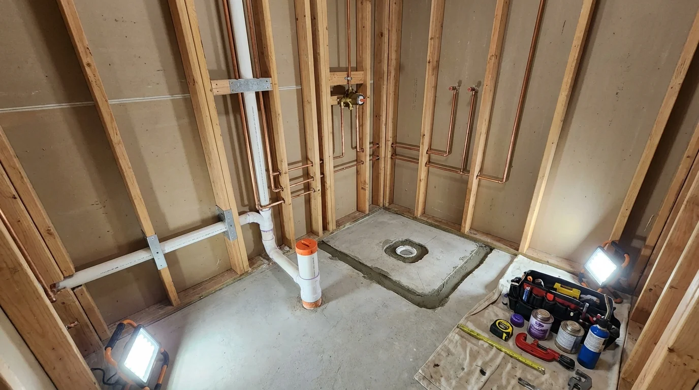 Bathroom rough-in plumbing during remodel by Johns Plumbing LLC in Walpole