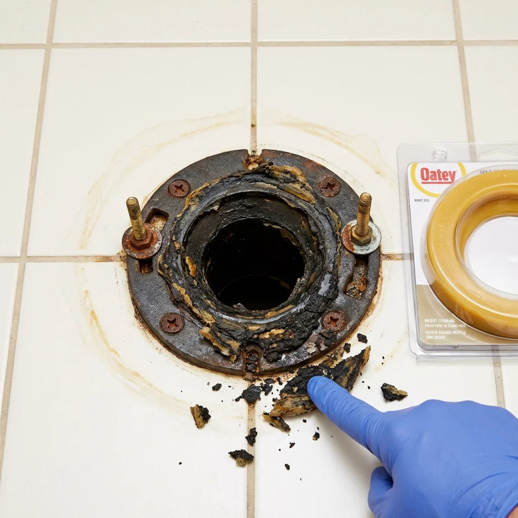 Failed wax ring showing water seepage at the base of a toilet in a Walpole, MA home