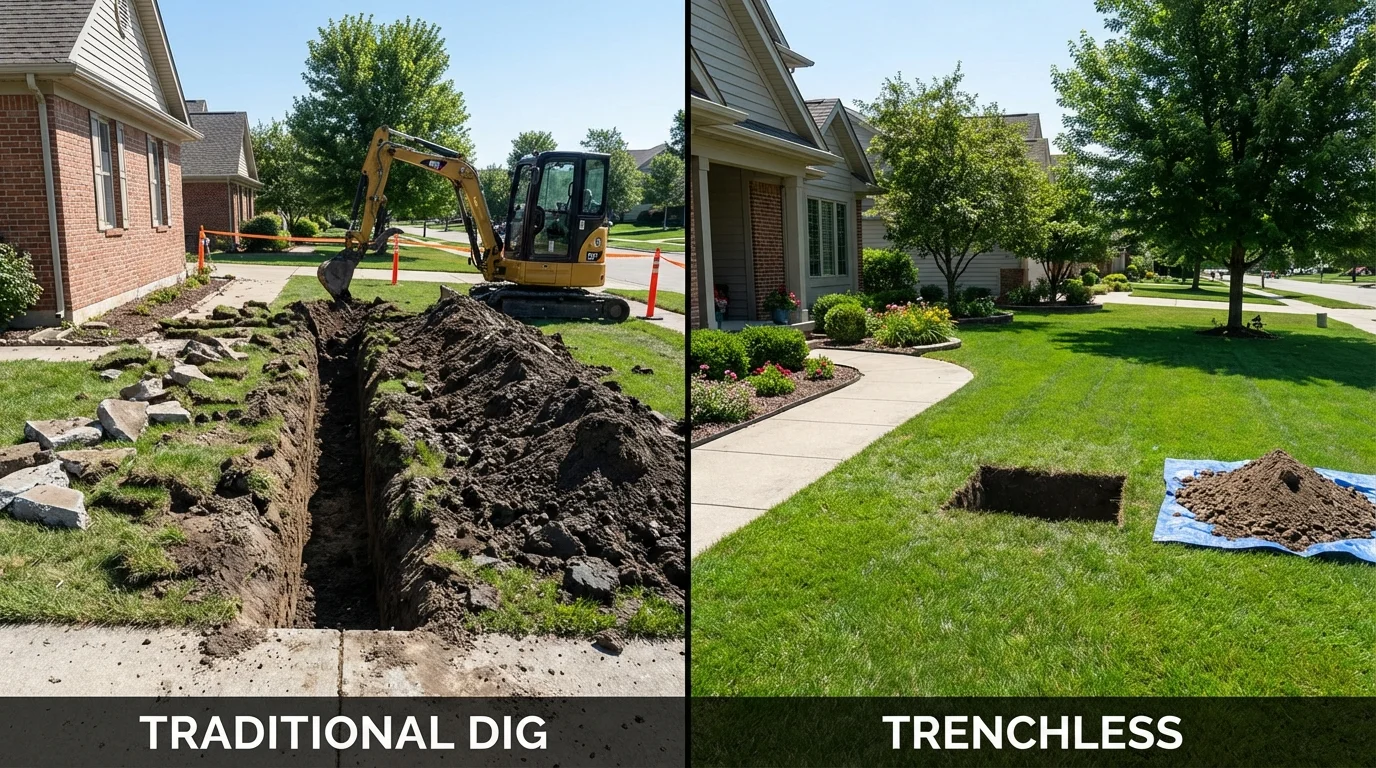 Trenchless sewer repair with minimal yard damage versus traditional excavation in Walpole, MA