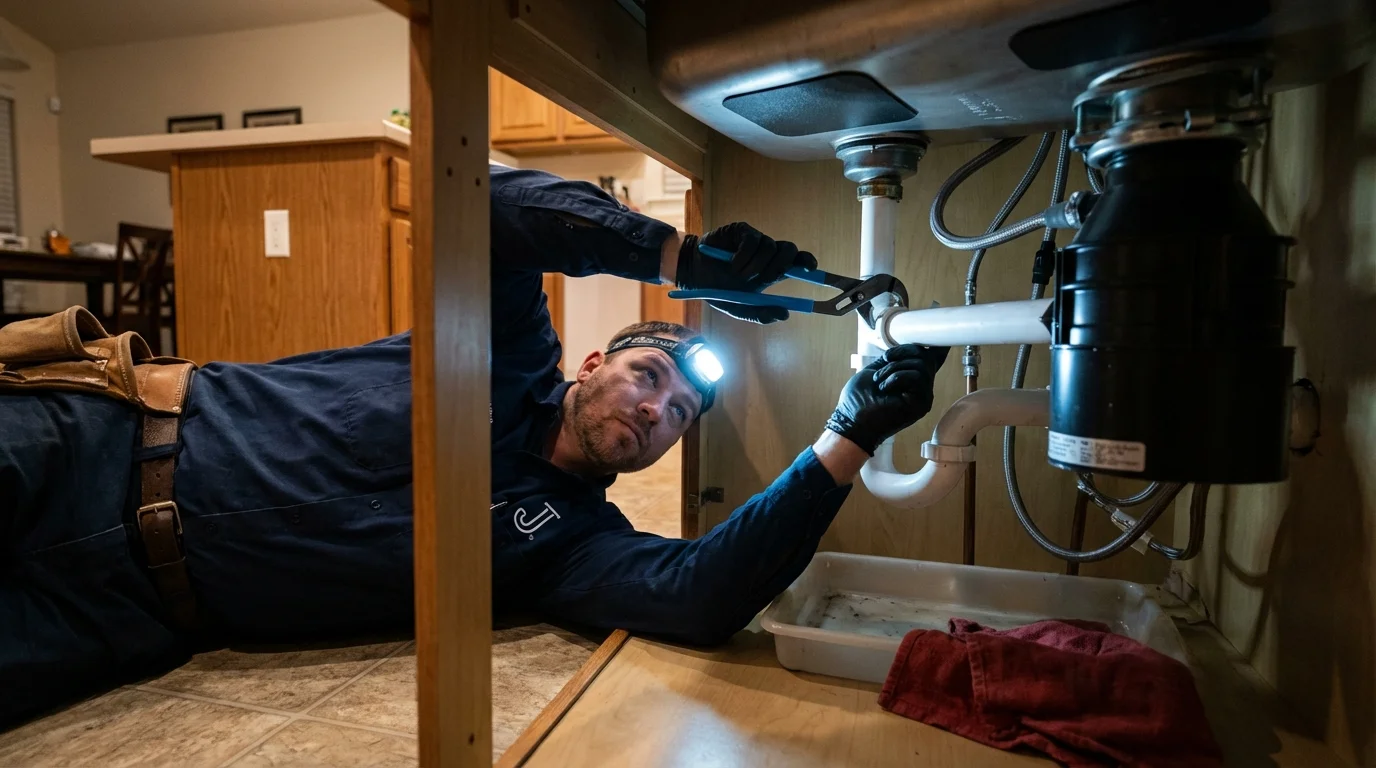 P-trap and supply line connections under a kitchen sink showing a common leak point in Walpole, MA